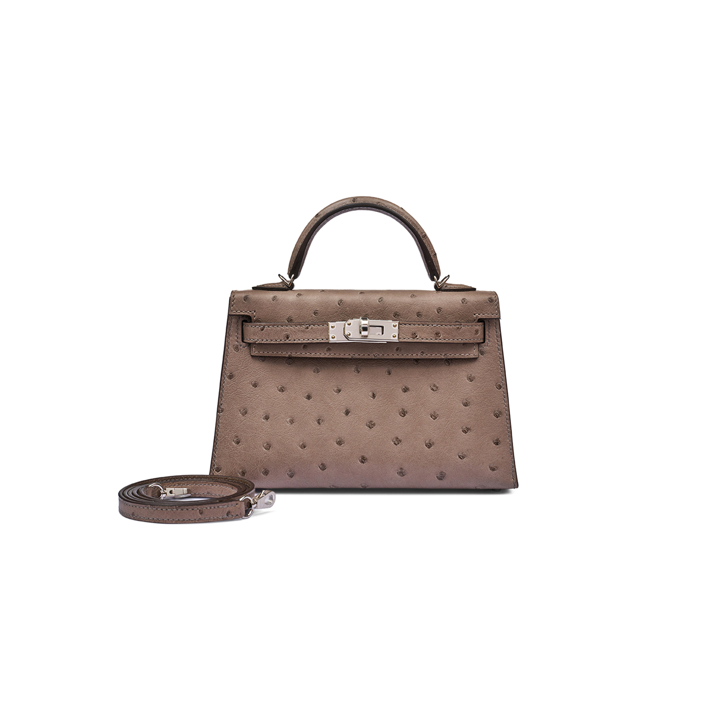 H**mes master gris tourterelle ostrich mini kelly ii  palladium hardware (19*12*5.5cm)